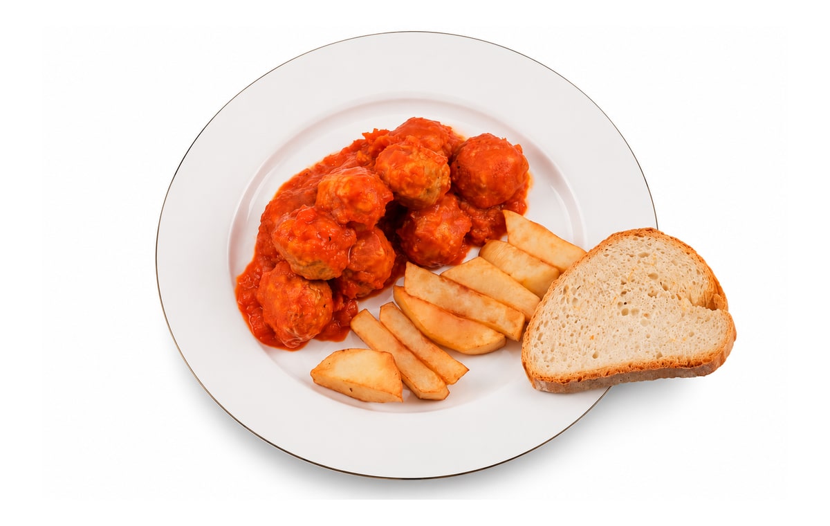 Albóndigas con tomate · Cocinatur. Fotografía retocada con IA para adaptar fondo y encuadre