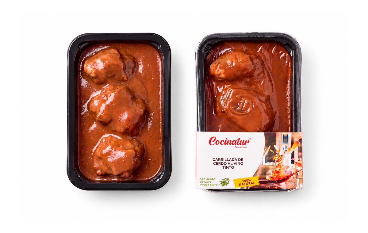 Presentación individual en bandeja · Cocinatur. Fotografía retocada con IA para adaptar fondo y encuadre