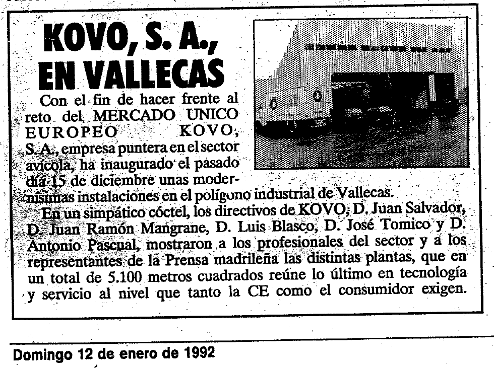Anuncio histórico de la inauguración de Kovo en Vallecas, recorte fechado el 12 de enero de 1992