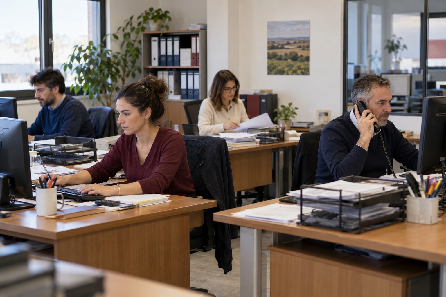 Escena ilustrativa de un equipo administrativo trabajando, generada con IA