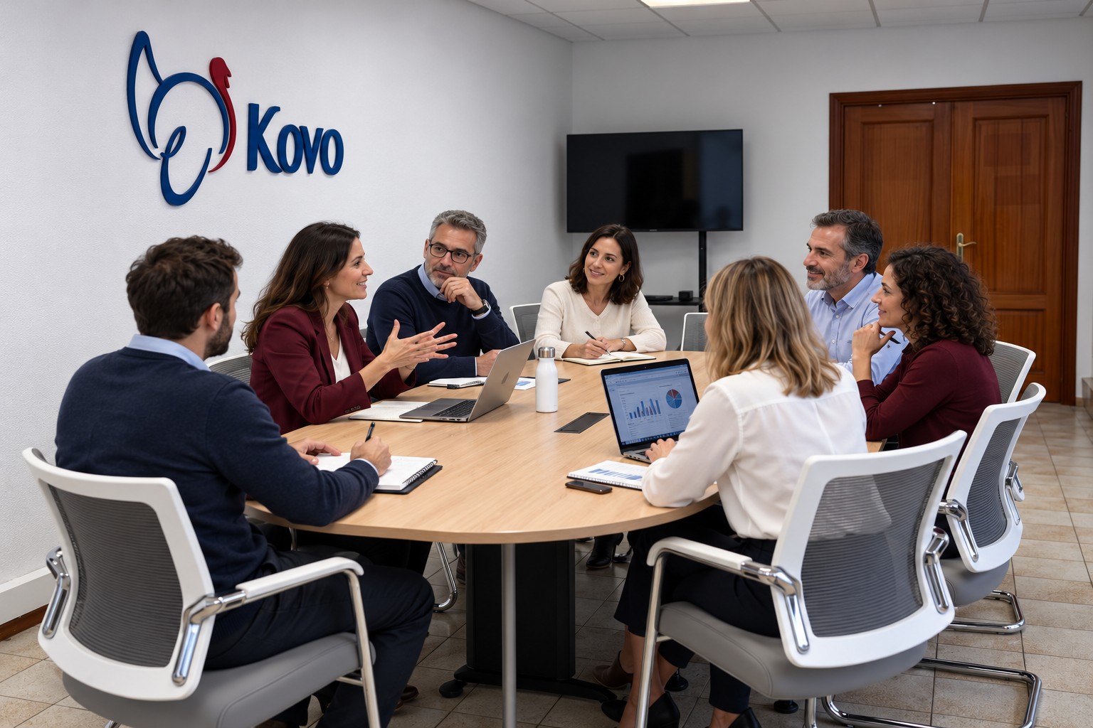 Reunión ilustrativa con personas generadas en la sala de juntas de Kovo