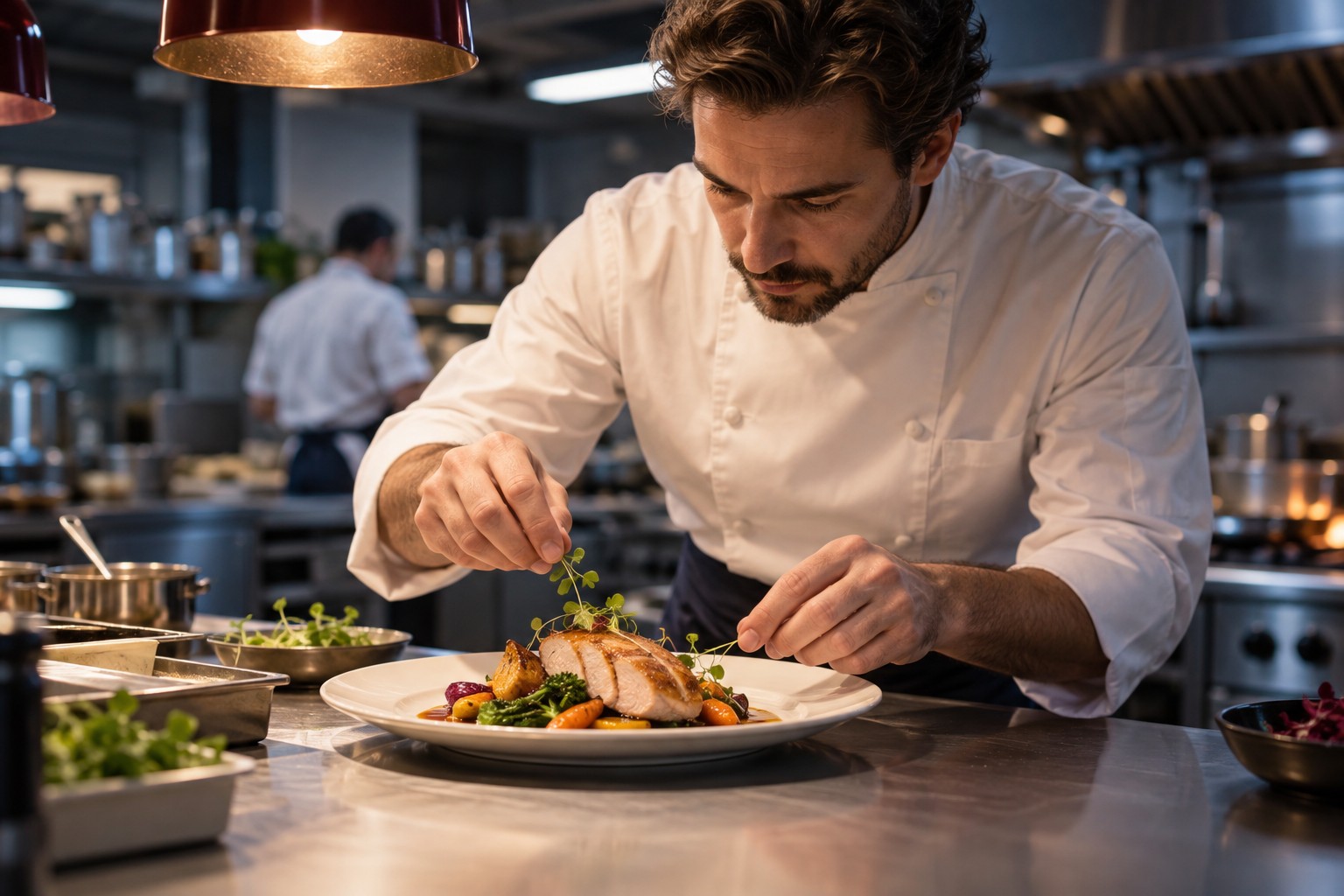 Imagen ilustrativa de un chef emplatando ave en una cocina profesional; escena ficticia generada